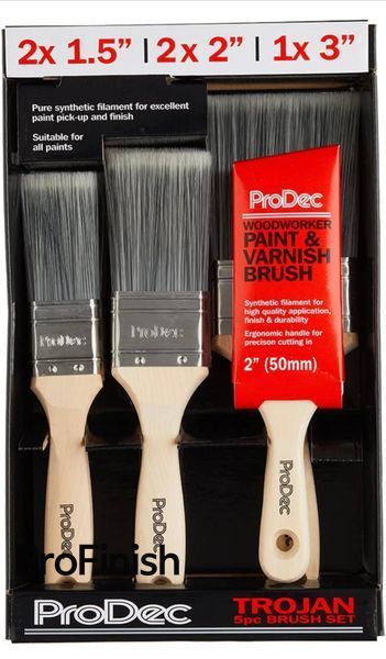 ProDec Professional Brush Set &ndash; 5 Pieces (38 mm, 50 mm, 75 mm) + 1 Angled Brush &ndash; for Washable Paints, Lacquers, and Stains, Beige