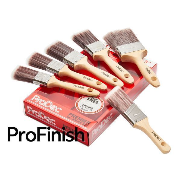 ProDec Brush Set &ndash; 2x 1.5" (38mm), 2x 2" (50mm), 1x 3" (75mm) + 1x Free Angled Brush &ndash; Synthetic Filaments, Wooden Handle, Water-Based Paints, Varnishes, and Stains